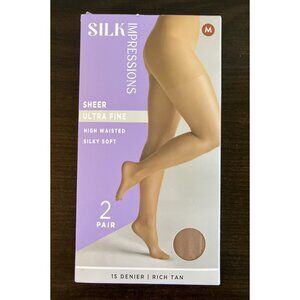 NIP Silk Impressions Pantyhose 2 Pack Medium Rich Tan 15 Denier Ultra Fine Sheer